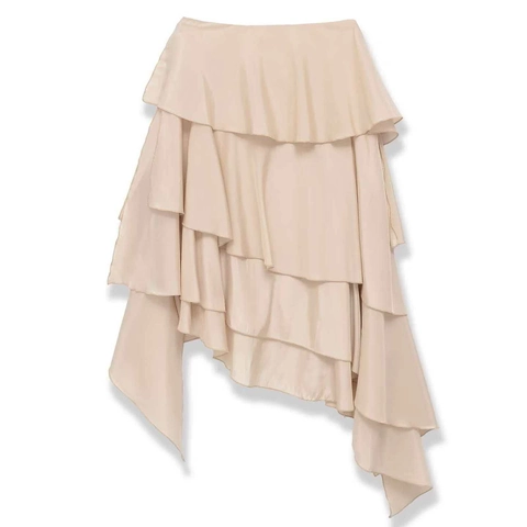 Elegant Women Apricot Ruffle Layered Midi Skirt Asymmetric Hem A-Line Drapey Polyester Summer Fashion Commuting Skirt