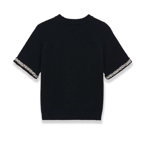 Women Elegant Short Sleeve Knit Sweater With Faux Artificial Pearl Rhinestone Decoration Round Neck Solid Color Polyester Knitwear Top