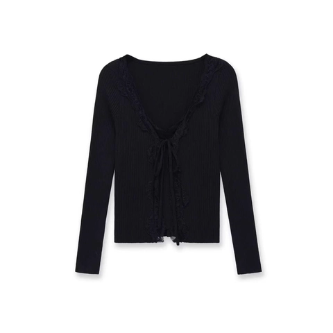 Top a Maniche Lunghe in Maglia a Costine con Patchwork di Pizzo Scollo a V Donna Maglione Slim Fit Casual Elegante con Stringhe Texture a Costine