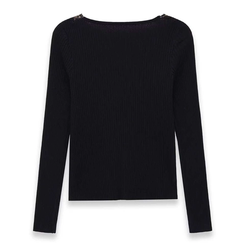 Top a Maniche Lunghe in Maglia a Costine con Patchwork di Pizzo Scollo a V Donna Maglione Slim Fit Casual Elegante con Stringhe Texture a Costine