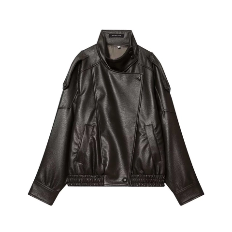 Women's Casual PU Leather Biker Jacket Loose Fit Vintage Standing Collar Long Sleeve Elastic Hem Windproof Outerwear Coat