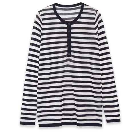 Haut en Tricot Rayé Décontracté pour Femmes Col Henley à Boutons Manches Longues Pull Ample Polyvalent Chemise de Bureau Basique