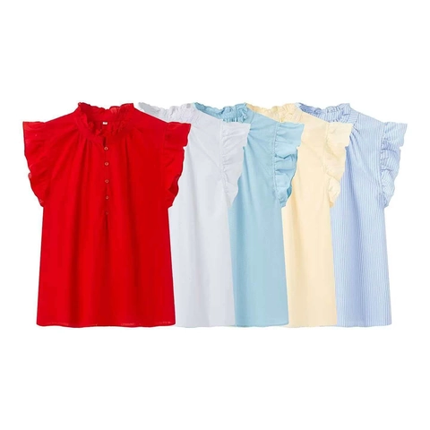Women Summer Ruffle Stand Collar Sleeveless Blouse Solid Color Flutter Sleeve Striped Elegant Patchwork Casual Commuter Top