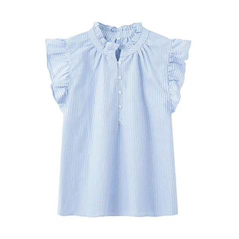 Women Summer Ruffle Stand Collar Sleeveless Blouse Solid Color Flutter Sleeve Striped Elegant Patchwork Casual Commuter Top