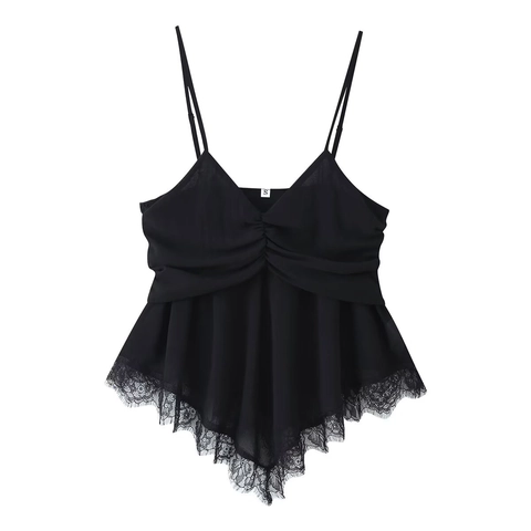 Top a Bretelle Georgette da Donna con Scollo a V Increspato Spalline Regolabili Bordo in Pizzo Orlo Irregolare Sexy Senza Maniche