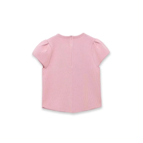 Women Casual Solid Pink Short Sleeve Knit Top Elegant Puff Sleeve Round Neck Ribbed Pullover Slim Fit T-Shirt With Back Zipper