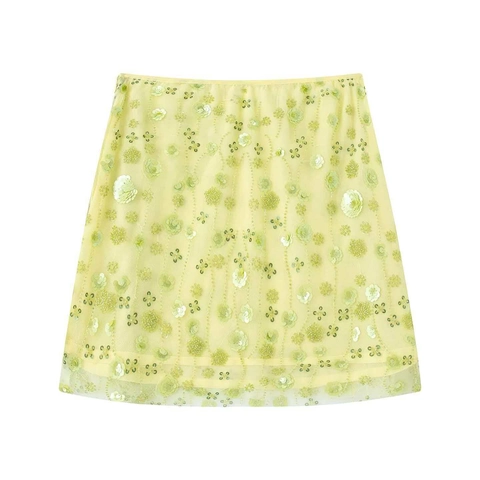 Damen Elegant 3D Blume Netz Minirock Pailletten Bestickt A-Linie Perlenbesetzt Kurzrock Für Alltag Party Mode