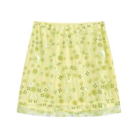Damen Elegant 3D Blume Netz Minirock Pailletten Bestickt A-Linie Perlenbesetzt Kurzrock Für Alltag Party Mode