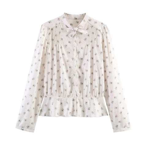 Französischer Stil Damenbluse Mit Blumendruck Langarm Schluppe Schößchen Top Plissee Elegantes Hemd