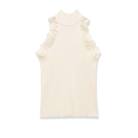 Women Elegant Lace Trim Mock Neck Ribbed Knit Tank Top Sleeveless Solid Color Commuter Summer Slim Fit Chic Pullover Vest Top