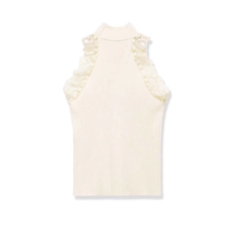Women Elegant Lace Trim Mock Neck Ribbed Knit Tank Top Sleeveless Solid Color Commuter Summer Slim Fit Chic Pullover Vest Top