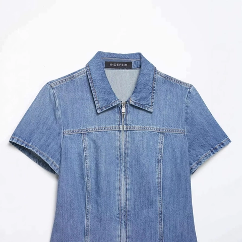 Women Casual Short Sleeve Denim Shirt Zipper Front Polo Collar Washed Blue Jean Top Comfortable Summer Streetwear Fashion