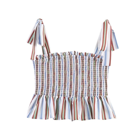 Damen Mehrfarbig Gestreift Smocking Camisole Crop Top Mit Schleifenband Rüschensaum Sommer Urlaub Schlanke Passform Ärmelloses Top