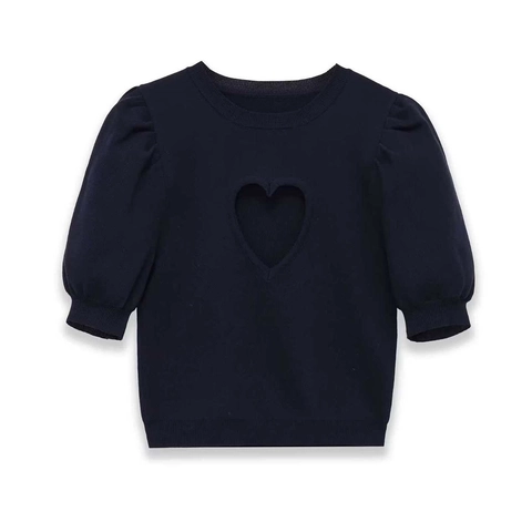 Women Elegant Heart Cut Out Knitted Top Puff Sleeve Round Neck Solid Color Polyester Short Sleeve Casual Knitwear Blouse