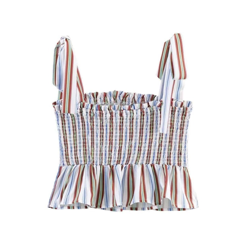 Damen Mehrfarbig Gestreift Smocking Camisole Crop Top Mit Schleifenband Rüschensaum Sommer Urlaub Schlanke Passform Ärmelloses Top