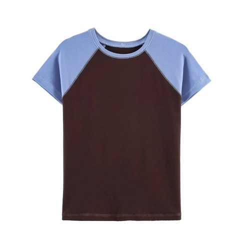 Women's Casual Colorblock Raglan Sleeve T-Shirt Crew Neck Short Sleeve Loose Knit Top Blue Brown Minimalist Tee