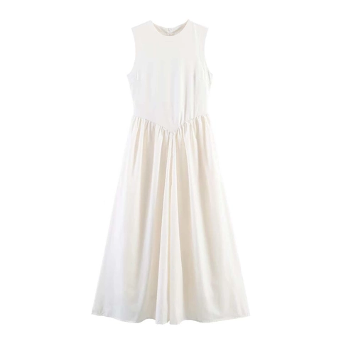 Women Elegant White Sleeveless Midi Dress Round Neck High Waist Pleated A-Line Patchwork Dress For Casual Office Party