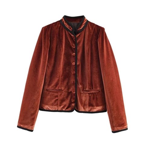 Vintage Velvet Stand Collar Jacket For Women Rust Red Contrast Binding Slim Fit Elegant Autumn Outerwear Top