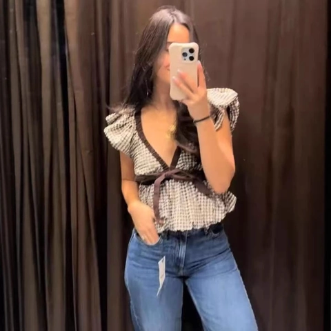 Women Vintage Gingham Sleeveless Peplum Blouse V-Neck Ruffle Shoulder Top With Bow Tie Waist Elegant Summer Commuter Top