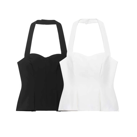 Damen Halter-Neck Korsett Top Sexy Herz-Ausschnitt Schößchen-Saum Slim Fit Ärmellos Rückenfrei Sommer Party Weste Schwarz Weiß