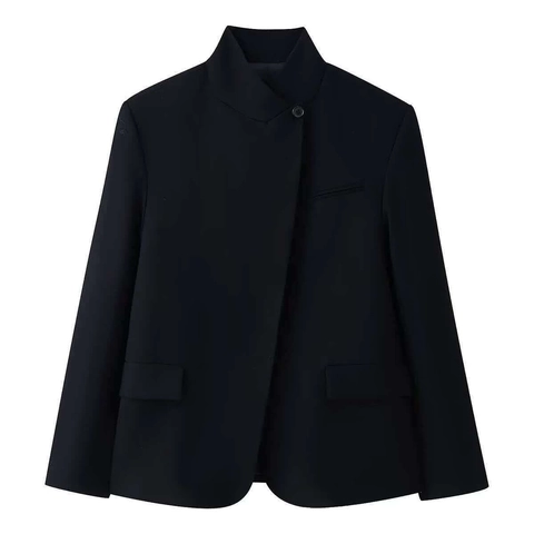 Women Minimalist Stand Collar Black Blazer Jacket Slim Fit Mid Length Polyester Long Sleeve Suit Outerwear For Work Office