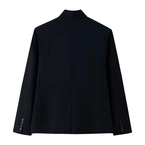 Women Minimalist Stand Collar Black Blazer Jacket Slim Fit Mid Length Polyester Long Sleeve Suit Outerwear For Work Office