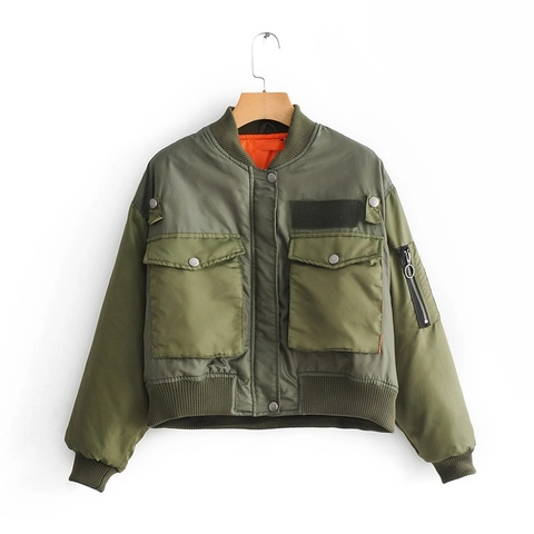 Women Military Green Bomber Jacket Street Casual Short Pocket Zip Up Polyester Coat Outerwear Solid Color Ribbed Cuff Jacket