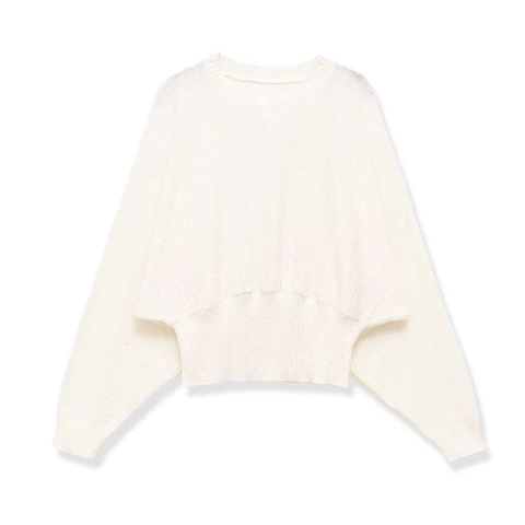 Women's Elegant Round Neck Knit Sweater Long Sleeve Batwing Sleeve Ribbed Hem Solid Color Pullover Casual Fall Top