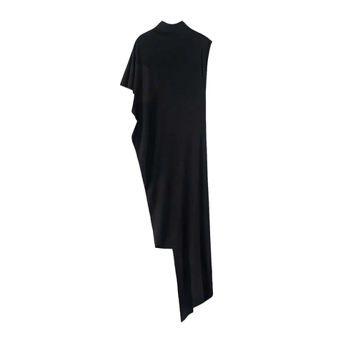 Damen Asymmetrisches Schwarzes Ärmelloses Midi Kleid Elegant Stehkragen Schrägschnitt Drapiert Falten Lässig Party Kleid