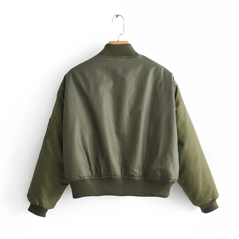 Women Military Green Bomber Jacket Street Casual Short Pocket Zip Up Polyester Coat Outerwear Solid Color Ribbed Cuff Jacket