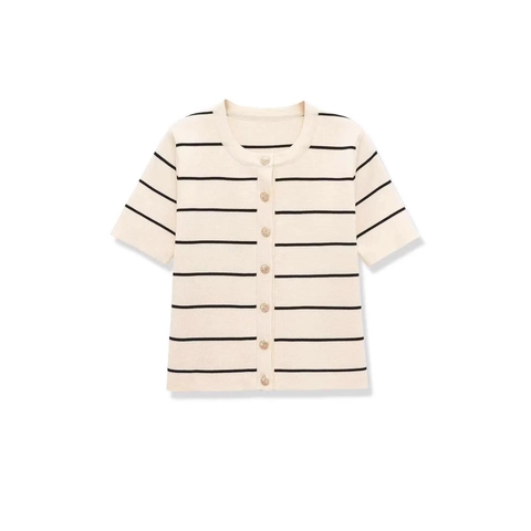 Französischer Stil Polyester Strick-Set Damen Beige Gestreift Kurzarm Strickjacke Mit Goldknöpfen Und A-Linien-Rock Outfit