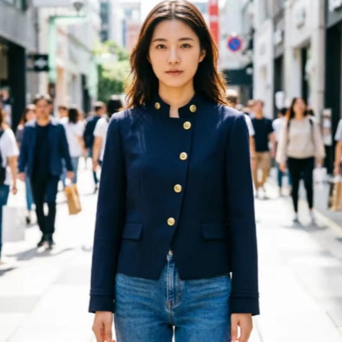 Giacca Blazer Donna Vestibilità Aderente Collo alla Coreana Blu Notte Bottoni Dorati a Rilievo Stile Militare Corta