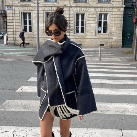 Damen Wollmantel Schalkragen Kontrast Zierstich Quasten Saum Langarm Mittellange Locker Oberbekleidung Jacke