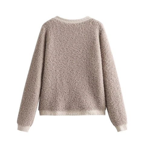 Women's Casual Boucle Knit Cardigan Round Neck Long Sleeve Button Down Soft Sherpa Texture Sweater Top For Autumn