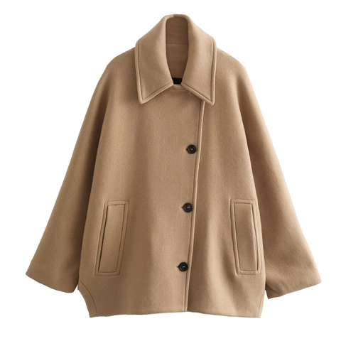 Damen Mode Kurz Wollmantel Einfarbig Elegant Oversized Revers Jacke Einreihig Herbst Winter Pendler Oberbekleidung