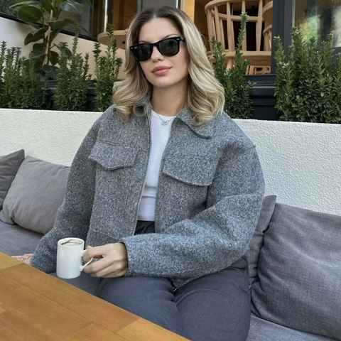 Damen Casual Kurze Wollstoff Strukturierte Jacke Vintage Grau Langarm Reißverschluss Tasche Locker Sitzende Herbst Winter Oberbekleidung