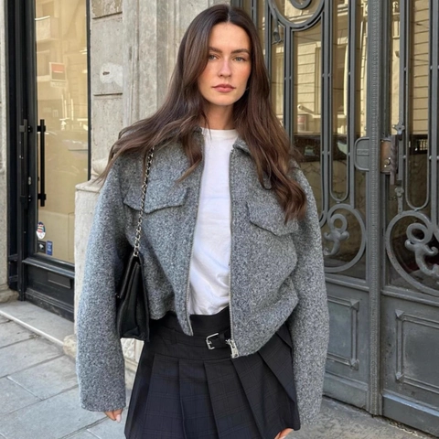 Damen Casual Kurze Wollstoff Strukturierte Jacke Vintage Grau Langarm Reißverschluss Tasche Locker Sitzende Herbst Winter Oberbekleidung