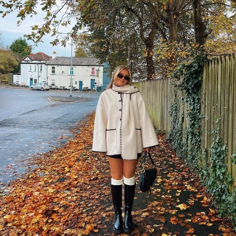 Women Elegant Scarf Collar Woolen Coat With Tassels Scalloped Stitch Trim Loose Oversized Jacket Fall Winter Outerwear