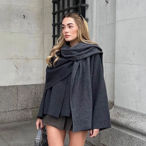 Women Asymmetric Knit Jacket Short Sleeve Scarf Collar Cardigan Solid Color Thick Warm Sweater Coat Outwear Casual Fashion Winter
