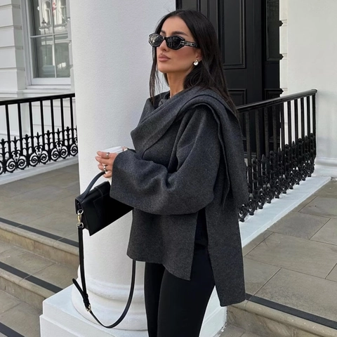 Women Asymmetric Knit Jacket Short Sleeve Scarf Collar Cardigan Solid Color Thick Warm Sweater Coat Outwear Casual Fashion Winter