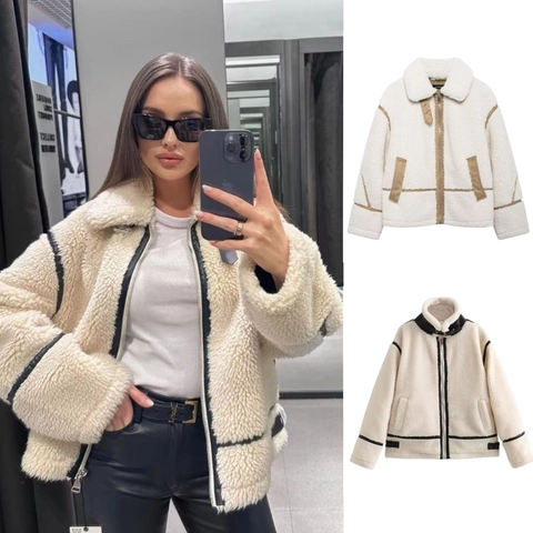 Women's Casual Sherpa Lamb Wool Biker Jacket Faux Fur Fleece Coat With Contrast PU Leather Piping Zip Up Winter Outerwear