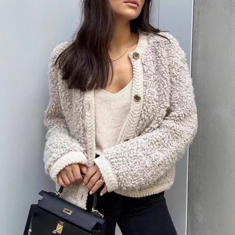 Cardigan Vintage In Pile Sherpa Da Donna Con Bottoni Girocollo Maglione Caldo Strutturato Cappotto A Maniche Lunghe Casual
