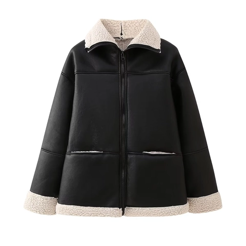Giacca da Donna in Ecopelle Foderata in Shearling Risvolto con Cerniera Invernale Calda Casual Streetwear Cappotto Biker