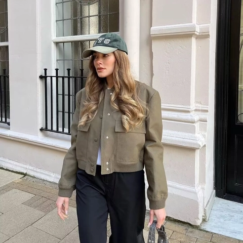 Women Cropped Bomber Jacket Solid Color Leopard Print Short Jacket With Large Pockets Ribbed Cuffs Casual Streetwear Coat Outerwear