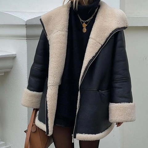 Giacca da Donna in Ecopelle Foderata in Shearling Risvolto con Cerniera Invernale Calda Casual Streetwear Cappotto Biker
