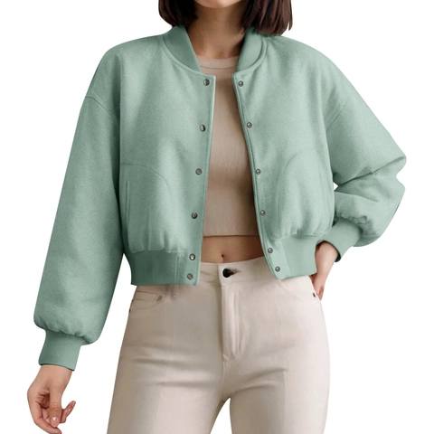 Chaqueta Bomber Corta para Mujer Moda Manga Larga Botones Cropped Flight Jacket Abrigo para Otoño Invierno Casual Daily Wear