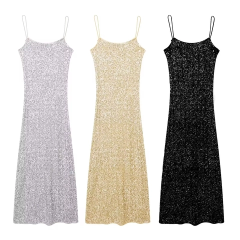 Damen Sexy Pailletten Spaghettiträger Bodycon Maxikleid Elegant Rückenfrei Nachtclub Party Abendkleid Ärmellos