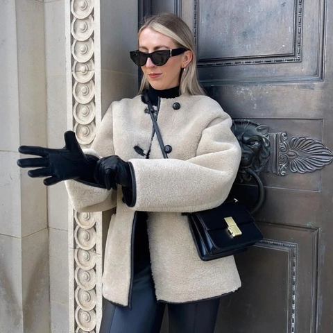 Damen Vintage Kunstfell Jacke Rundhals Off White Mantel Mit Schwarzem Lederbesatz Einreihig Lässige Oberbekleidung