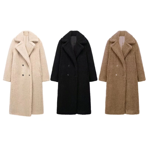 Women Long Teddy Bear Coat Faux Fur Shearling Jacket Double Breasted Wide Lapel Thick Warm Winter Overcoat Outwear