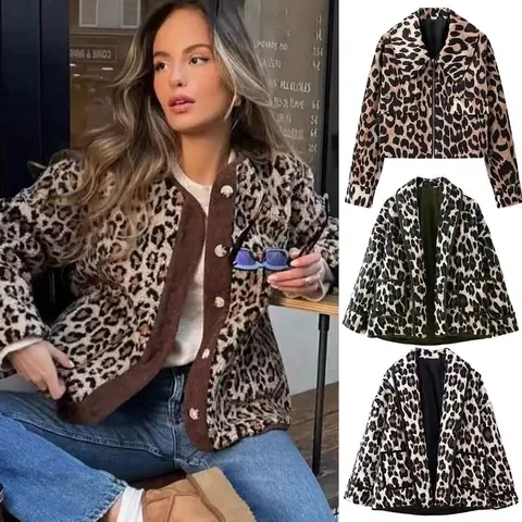 Women's Casual Leopard Print Faux Fur Lamb Wool Jacket Vintage Round Neck Single Breasted Long Sleeve Warm Outerwear